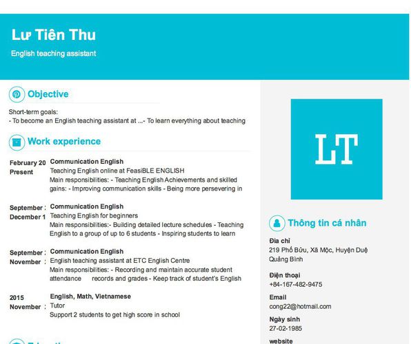 Mẫu CV English teaching assistant