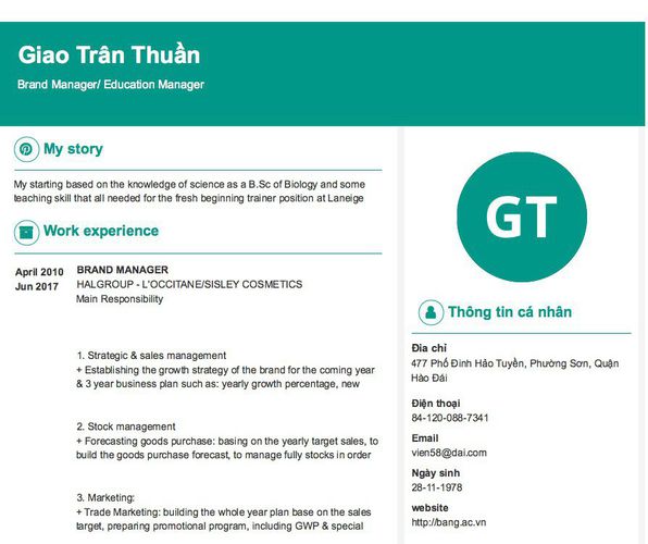 Mẫu CV Brand Manager/ Education Manager