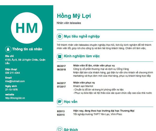 Mẫu CV Nhân viên telesales