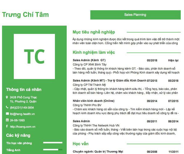 Mẫu CV Sales Planning