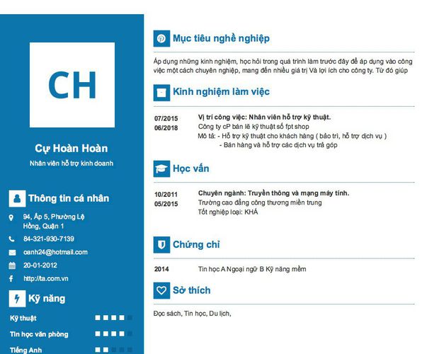 Mẫu CV Nhân viên hỗ trợ kinh doanh