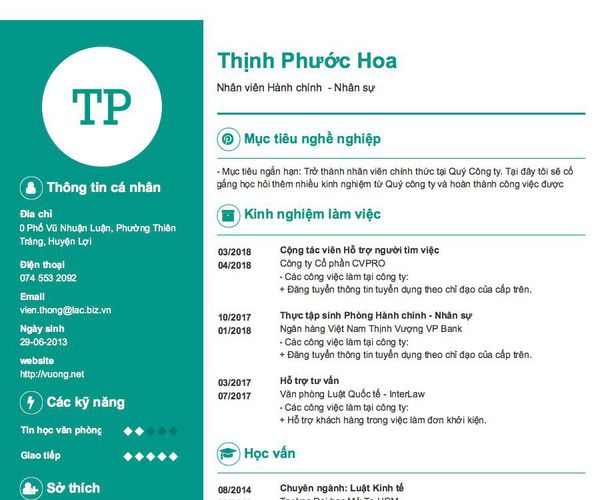 Mẫu CV Nhân viên Hành chính  - Nhân sự