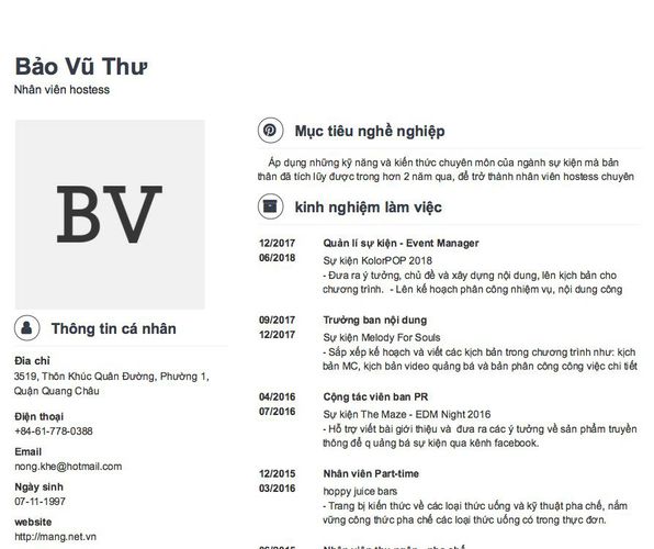 Mẫu CV Nhân viên hostess