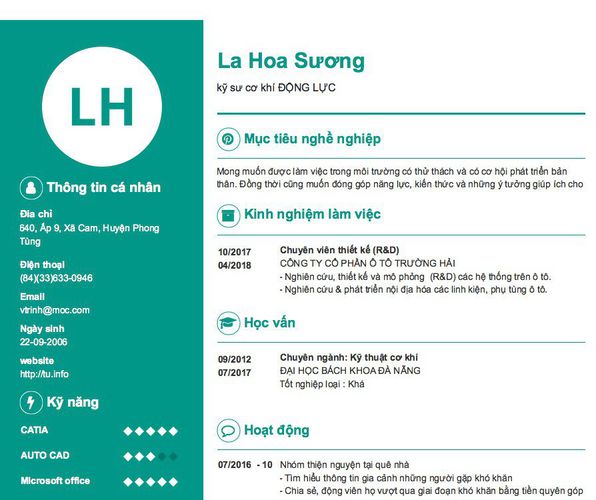 Mẫu CV kỹ sư cơ khí ĐỘNG LỰC