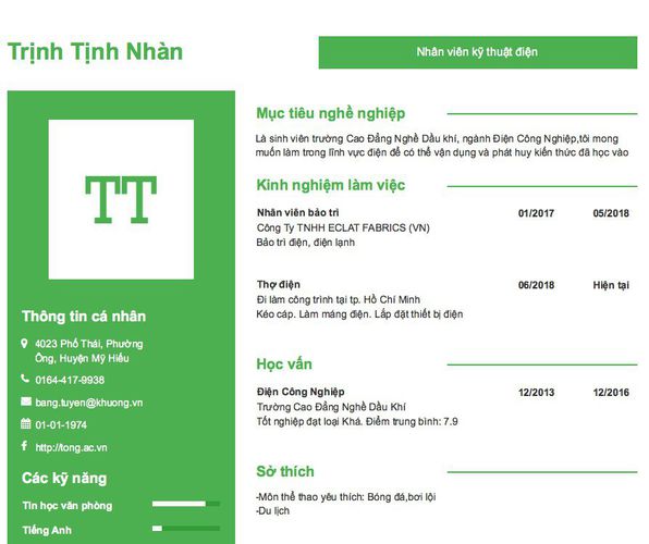 Mẫu CV Nhân viên kỹ thuật điện