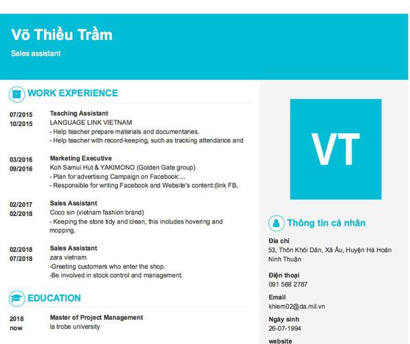 Mẫu CV Sales assistant