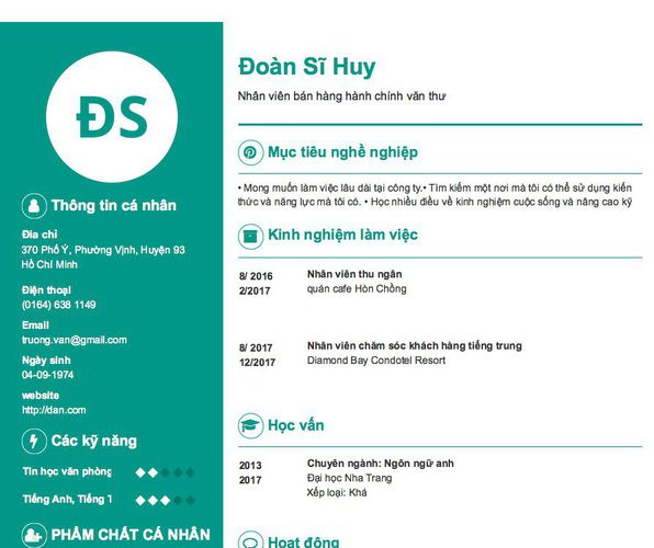 Mẫu CV Nhân viên bán hàng hành chính văn thư