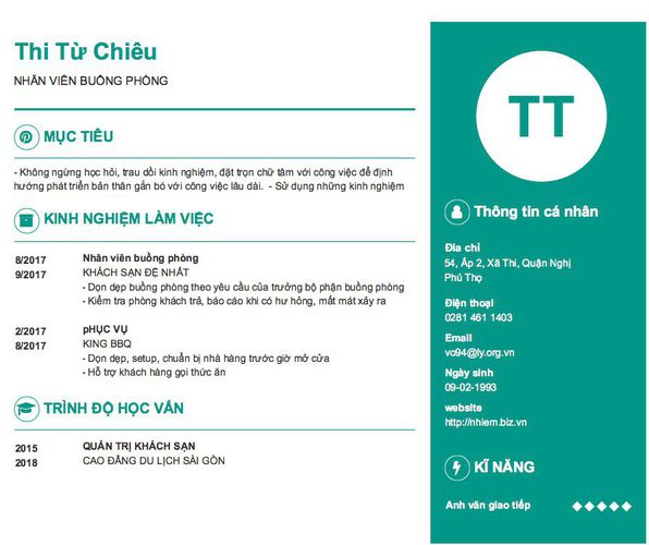 Mẫu CV NHÂN VIÊN BUỒNG PHÒNG