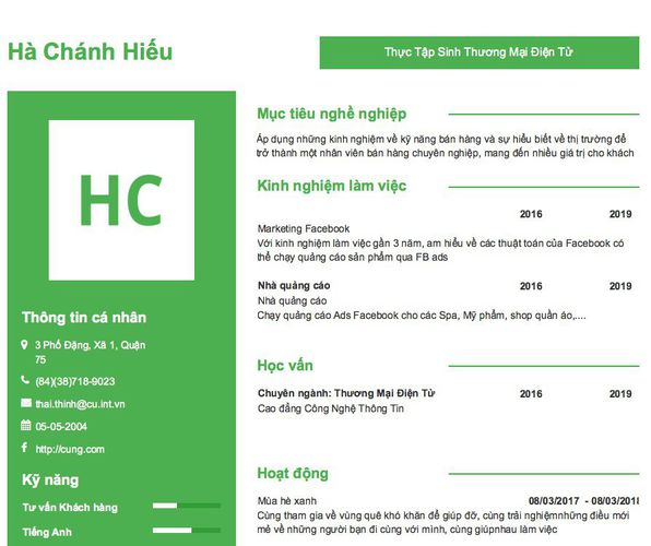 Mẫu CV Thực Tập Sinh Thương Mại Điện Tử