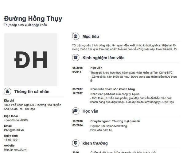 Mẫu CV Thực tập sinh xuất nhập khẩu
