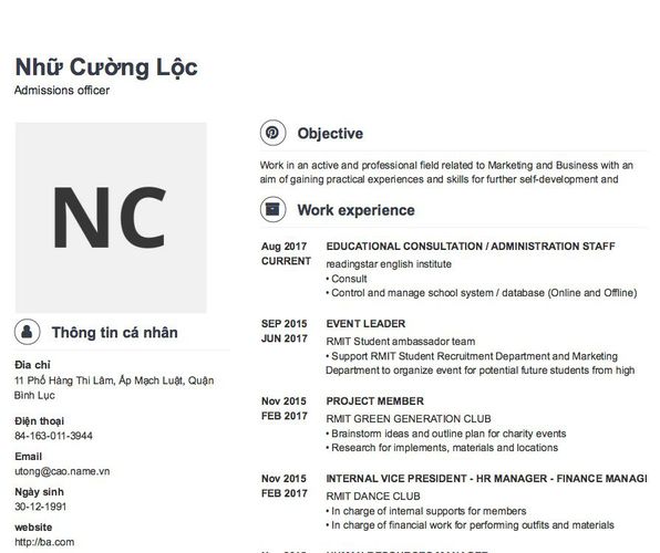Mẫu CV Admissions officer