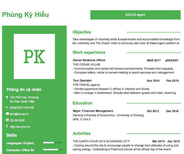 Mẫu CV SALES agent