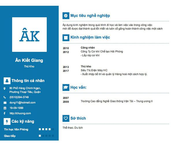 Mẫu CV Thủ Kho