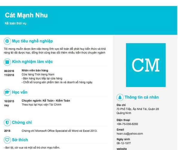 Mẫu CV Kế toán thời vụ