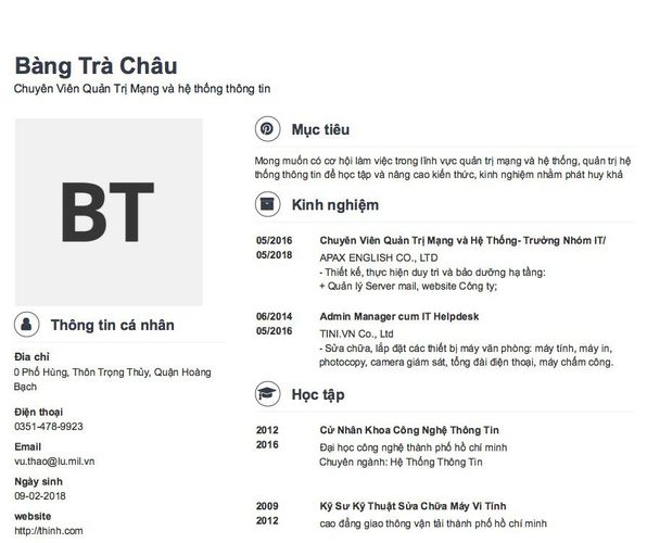 Gợi ý cách viết Mẫu CV tham khảo Chuyên Viên Quản Trị Mạng và hệ thống thông tin