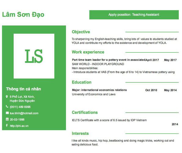 Mẫu CV Apply possition: Teaching Assistant