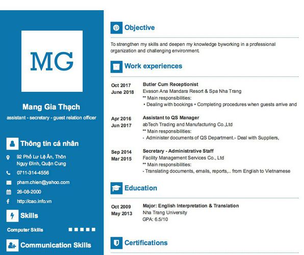 Mẫu CV assistant - secretary - guest relation officer
