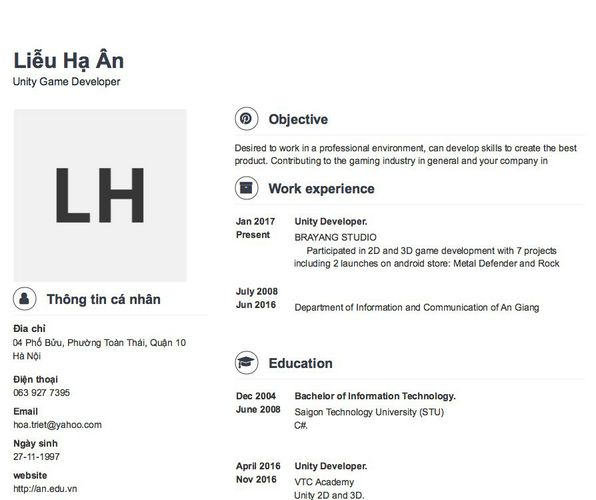 Mẫu CV Unity Game Developer