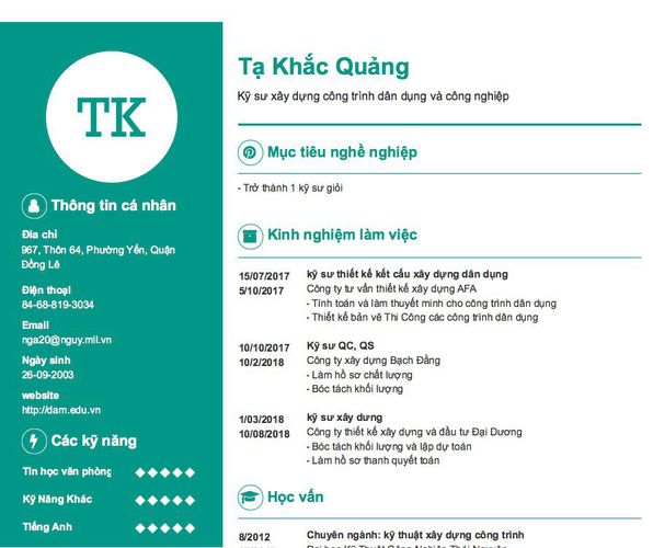 Gợi ý cách viết Mẫu CV tham khảo Kỹ sư xây dựng công trình dân dụng và công nghiệp