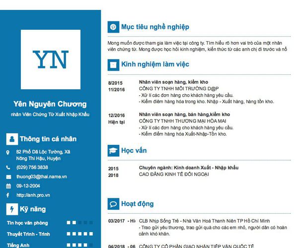 Mẫu CV nhân Viên Chứng Từ Xuất Nhập Khẩu
