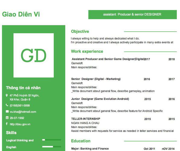 Mẫu CV assistant  Producer & senior DESIGNER