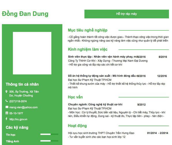 Mẫu CV Hỗ trợ ráp máy