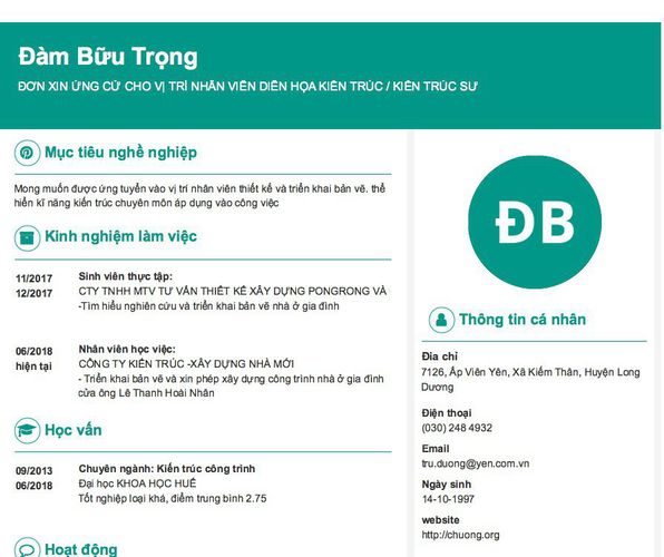 Gợi ý cách viết Mẫu CV tham khảo ĐƠN XIN ỨNG CỬ CHO VỊ TRÍ NHÂN VIÊN DIỄN HỌA KIẾN TRÚC / KIẾN TRÚC SƯ