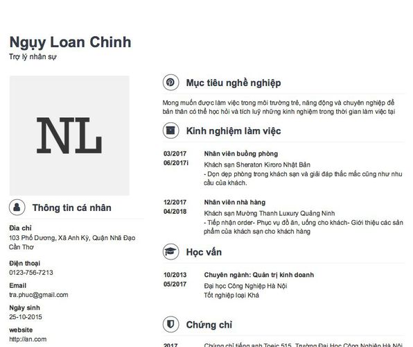 Mẫu CV Trợ lý nhân sự