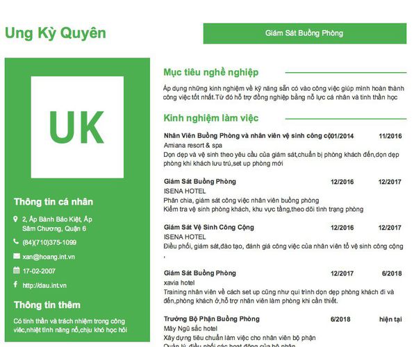 Mẫu CV Giám Sát Buồng Phòng