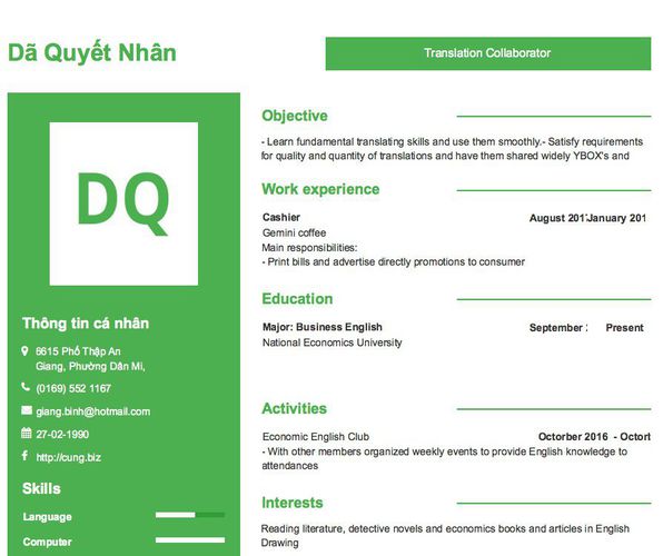 Mẫu CV Translation Collaborator