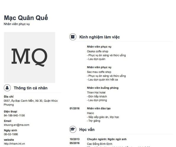 Mẫu CV Nhân viên phục vụ