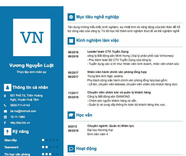 Mẫu CV THực tập sinh nhân sự