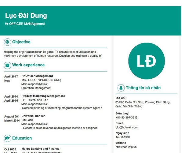 Mẫu CV Hr OFFICER MANAgement