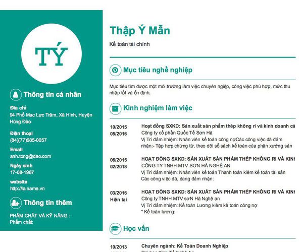 Mẫu CV Kế toán tài chính
