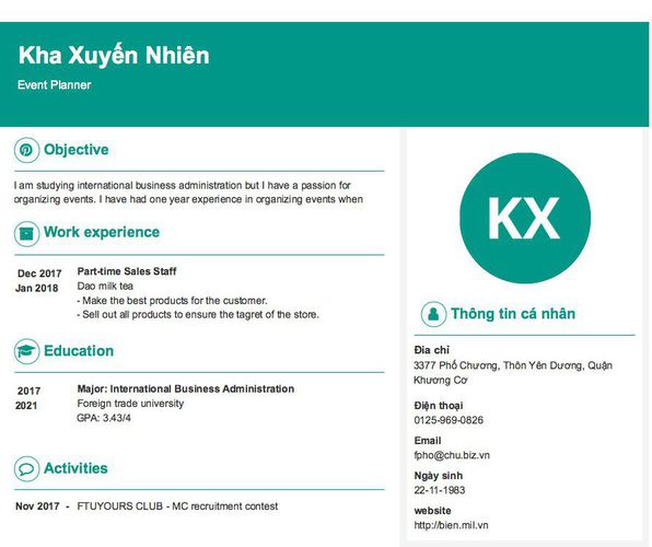 Mẫu CV Event Planner