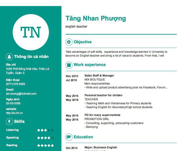 Mẫu CV english teacher