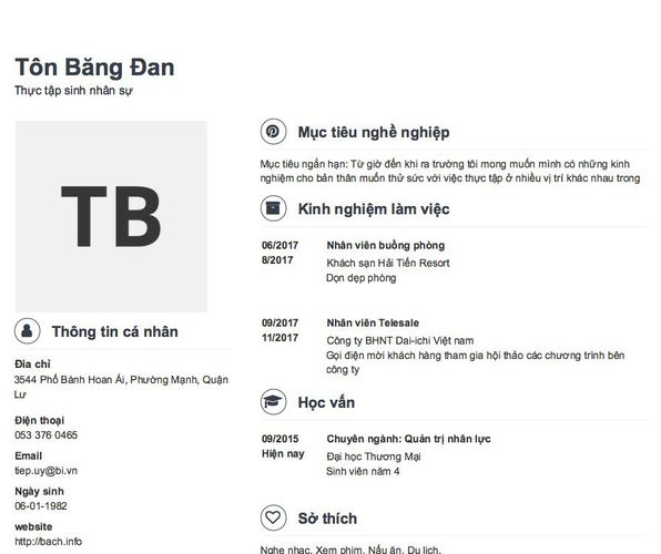 Mẫu CV Thực tập sinh nhân sự
