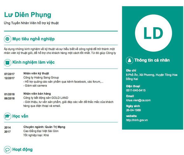 Mẫu CV Ứng Tuyển Nhân Viên hỗ trợ kỹ thuật