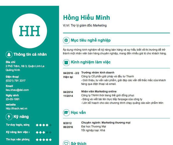 Mẫu CV Vị trí: Trợ lý giám đốc Marketing