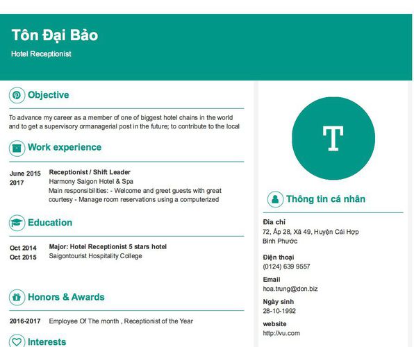 Mẫu CV Hotel Receptionist