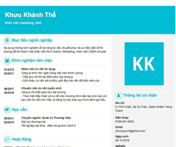Mẫu CV Nhân viên marketing, cskh