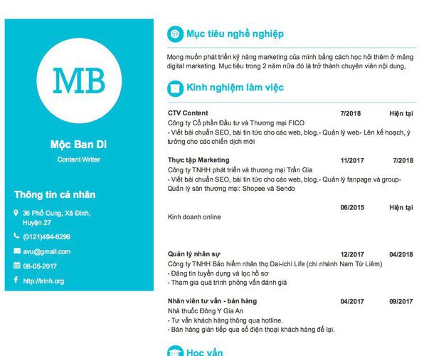 Mẫu CV Content Writer