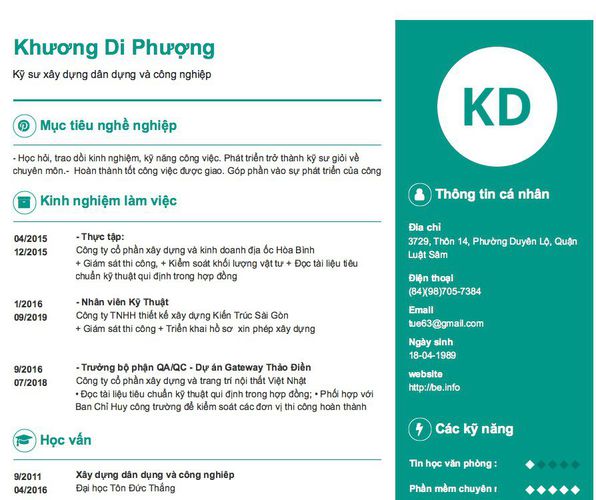 Mẫu CV Kỹ sư xây dựng dân dựng và công nghiệp