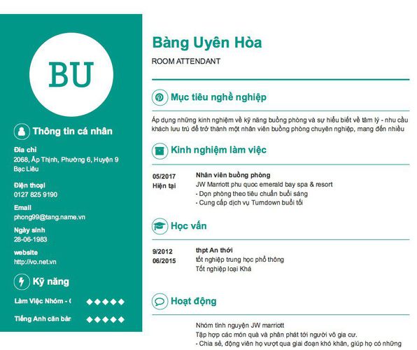Mẫu CV ROOM ATTENDANT