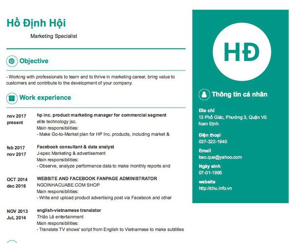 Mẫu CV                  Marketing Specialist