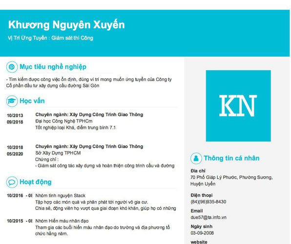 Mẫu CV Vị Trí Ứng Tuyển : Giám sát thi Công