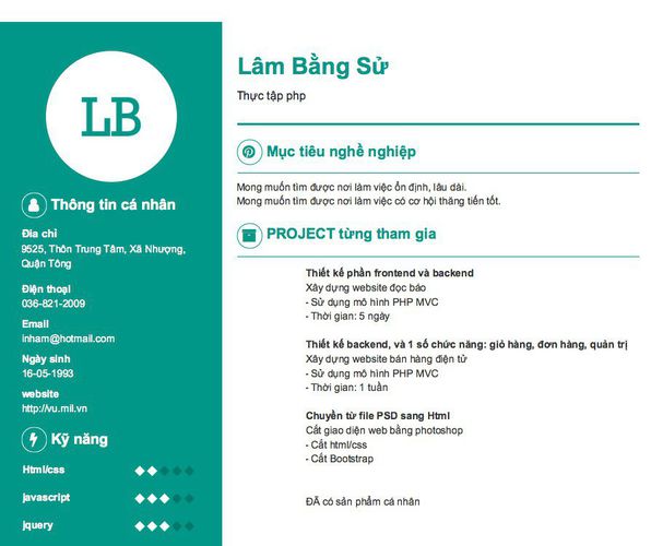 Mẫu CV Thực tập php