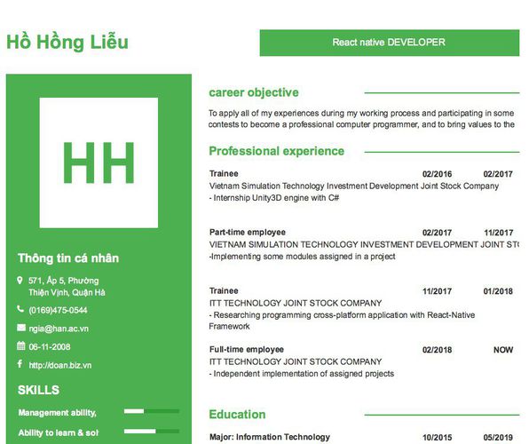 Mẫu CV React native DEVELOPER