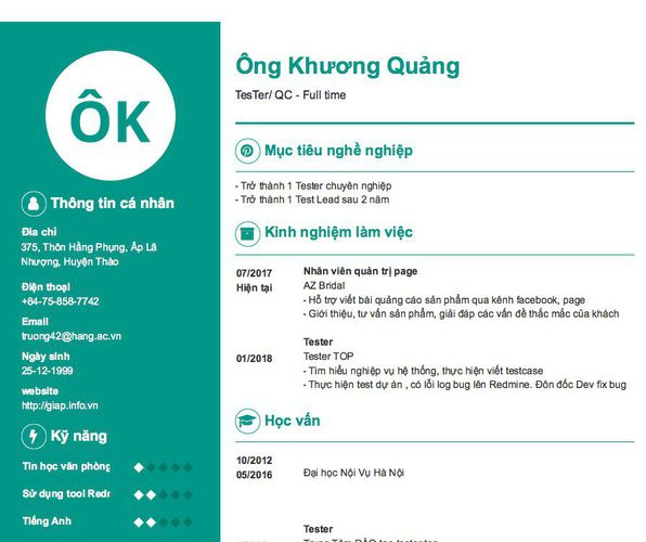 Mẫu CV TesTer/ QC - Full time