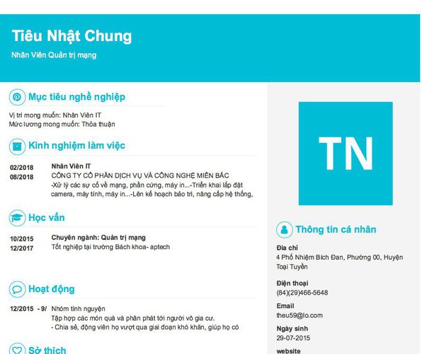 Mẫu CV Nhân Viên Quản trị mạng